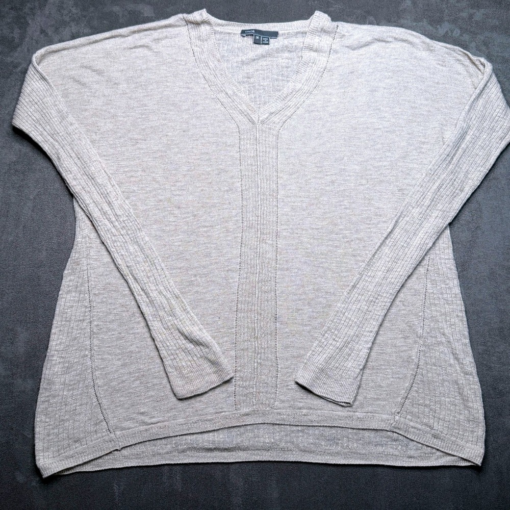 Vince Sweater Womens M Oatmeal Beige V-Neck Ribbed Knit Drop Shoulder Pullover